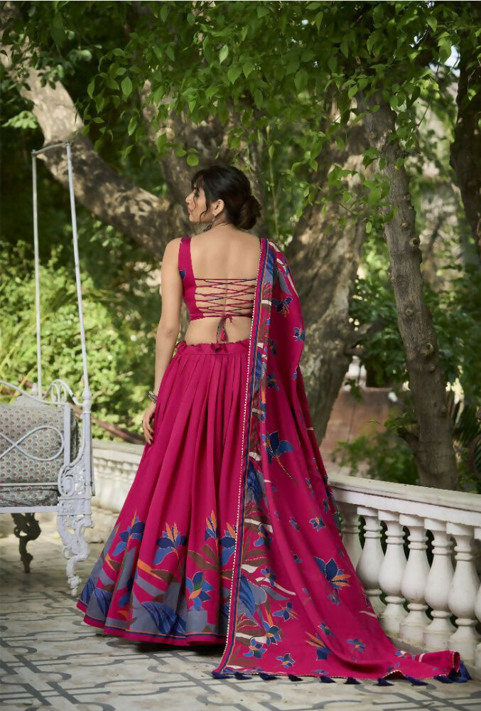Vastranavya Polyester Viscose Chanderi Lehenga Choli With Intricate Print And Dupatta - Pink | Grocsy