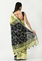 Mominos Fashion Moeza Lemon Yellow & Black Bhagalpuri Handloom Ikat Pure Cotton Saree with unstitched Blouse piece | Grocsy