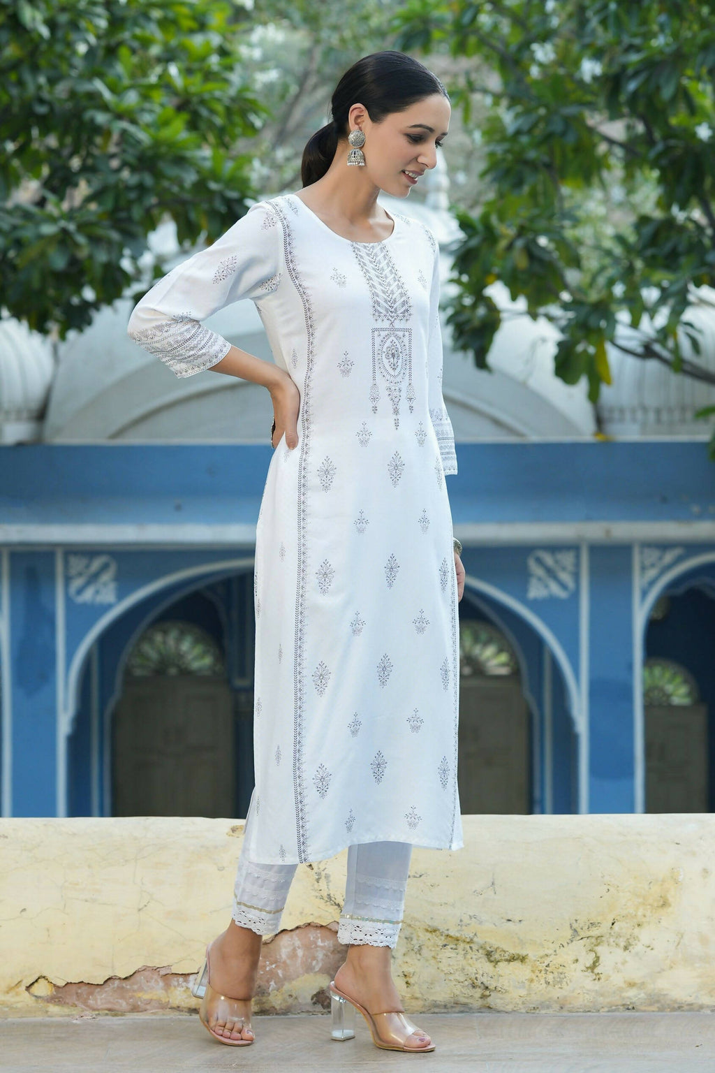 Juniper Women's White Rayon Placement Printed Straight Kurta | Grocsy
