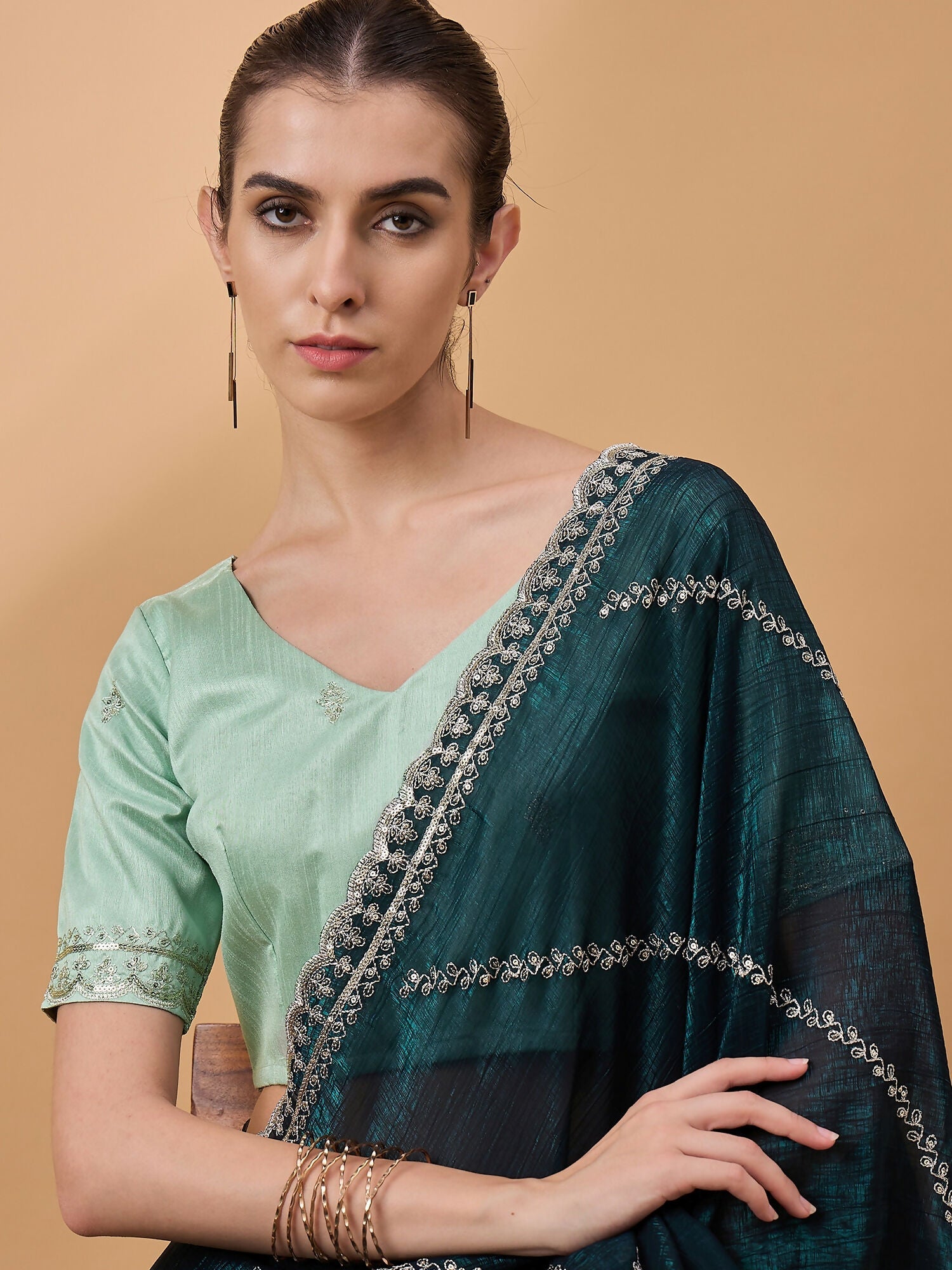 Blue Muslin Embroidered Saree with Unstitched Blouse Piece - Satya | Grocsy
