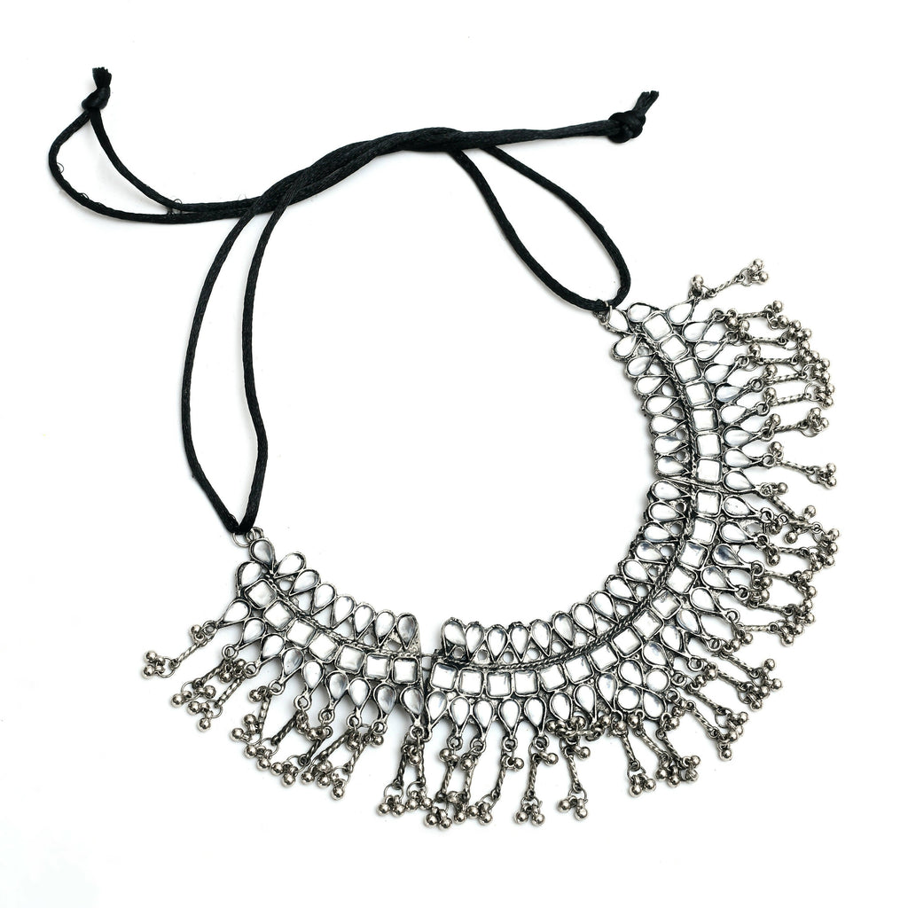 Mominos Fashion Johar Kamal Oxidised Silver-Plated Brass Finish Kundan Necklace For Women (Silver) | Grocsy