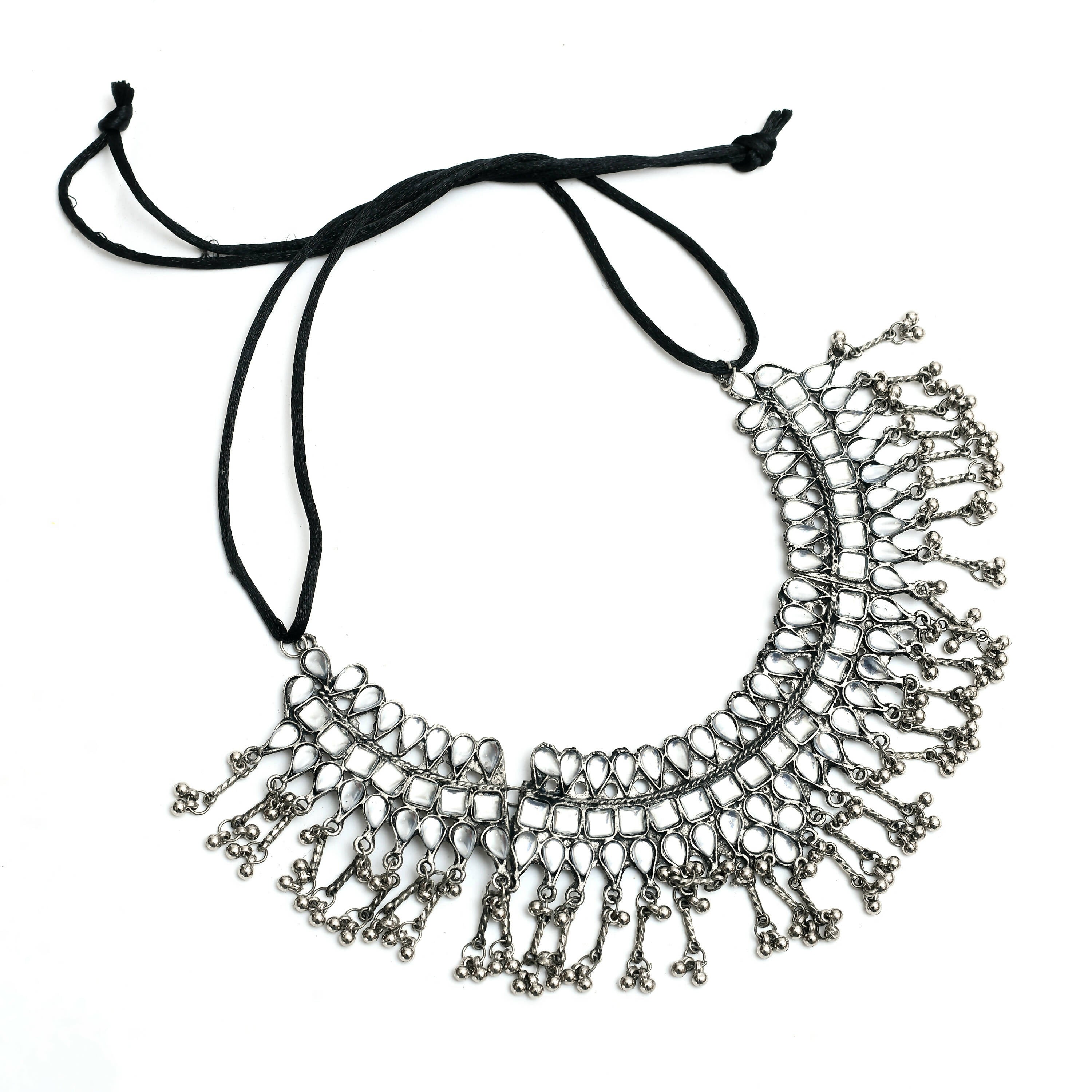 Mominos Fashion Johar Kamal Oxidised Silver-Plated Brass Finish Kundan Necklace For Women (Silver) | Grocsy