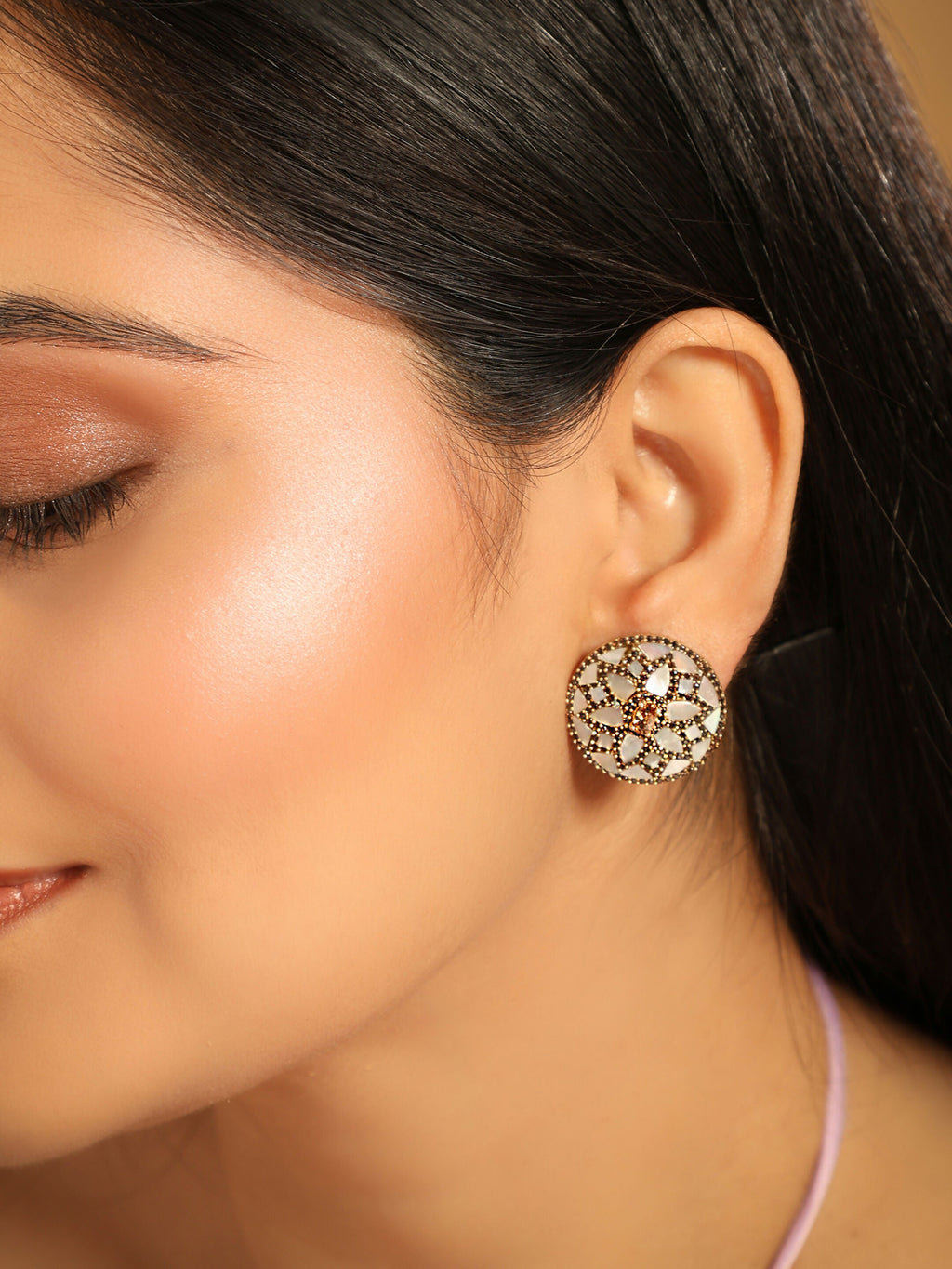 Nuyug 22K Gold Plated Mother of Pearls and Stone Studded Contemporary Floral Shaped Studs | Grocsy