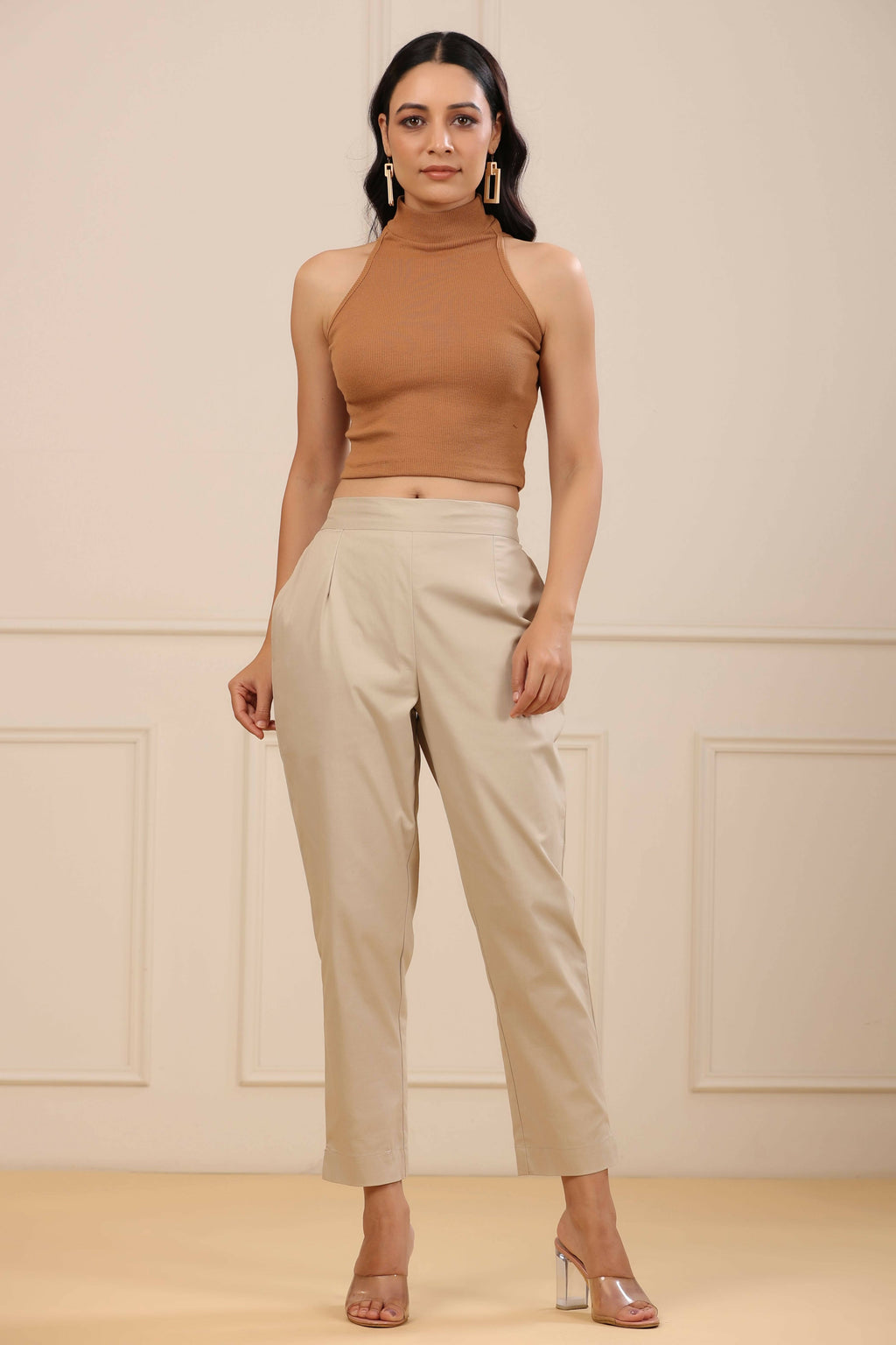 Juniper Women's Beige Cotton Spendex Solid Straight Pant | Grocsy