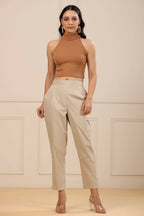 Juniper Women's Beige Cotton Spendex Solid Straight Pant | Grocsy