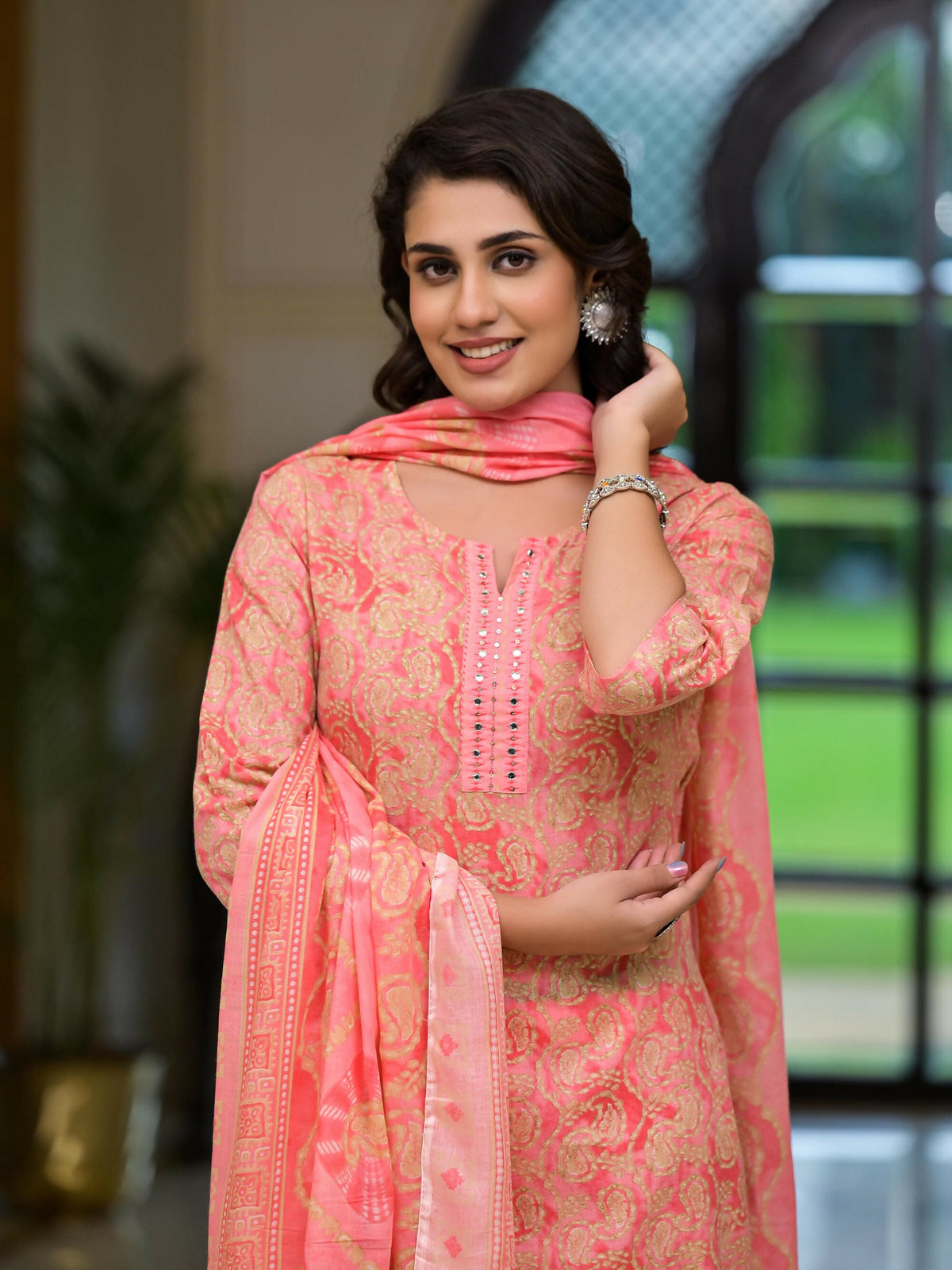 Juniper Women's Pink Ethnic Motif Printed Cotton Kurta Pant And Dupatta Set With Mirror Work & Sequins | Grocsy