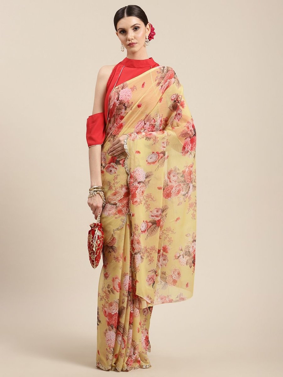 Ahalyaa Women's Yellow Chiffon Digital Print Floral Saree | Grocsy