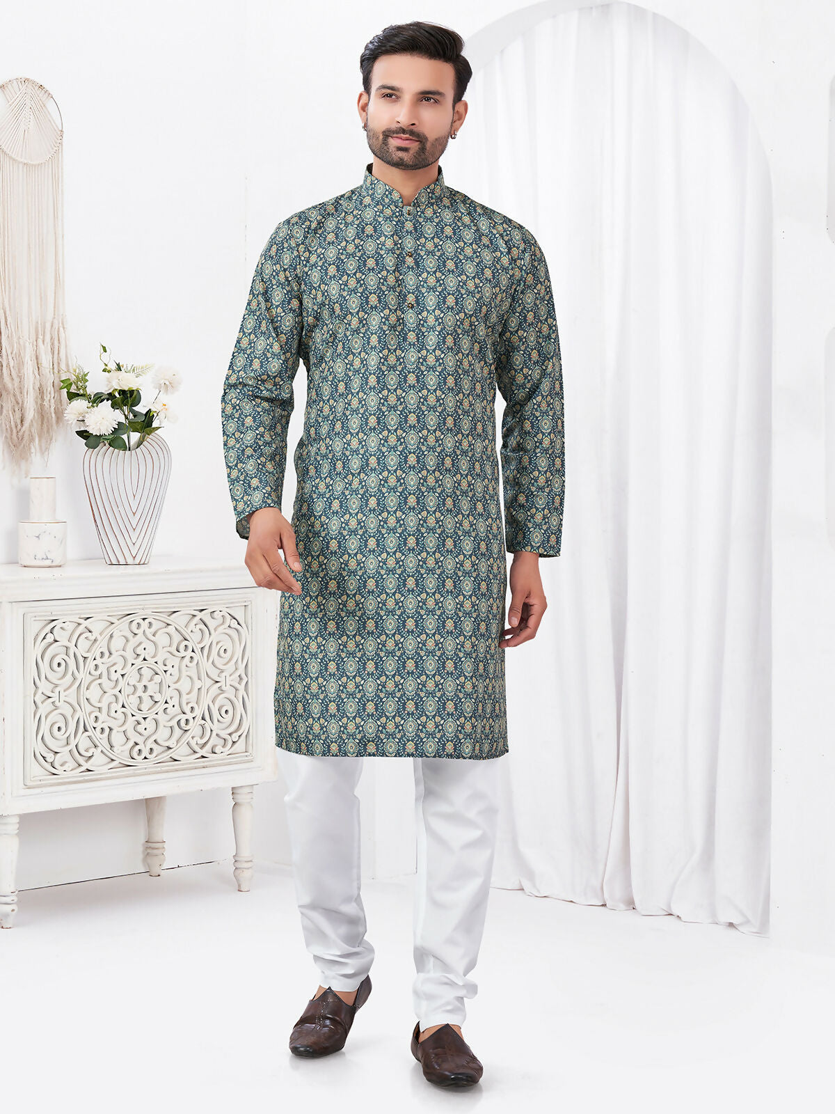 Joban Fashion Men's Rayon Cotton BLUE Printed Kurta Pyjama set | Grocsy