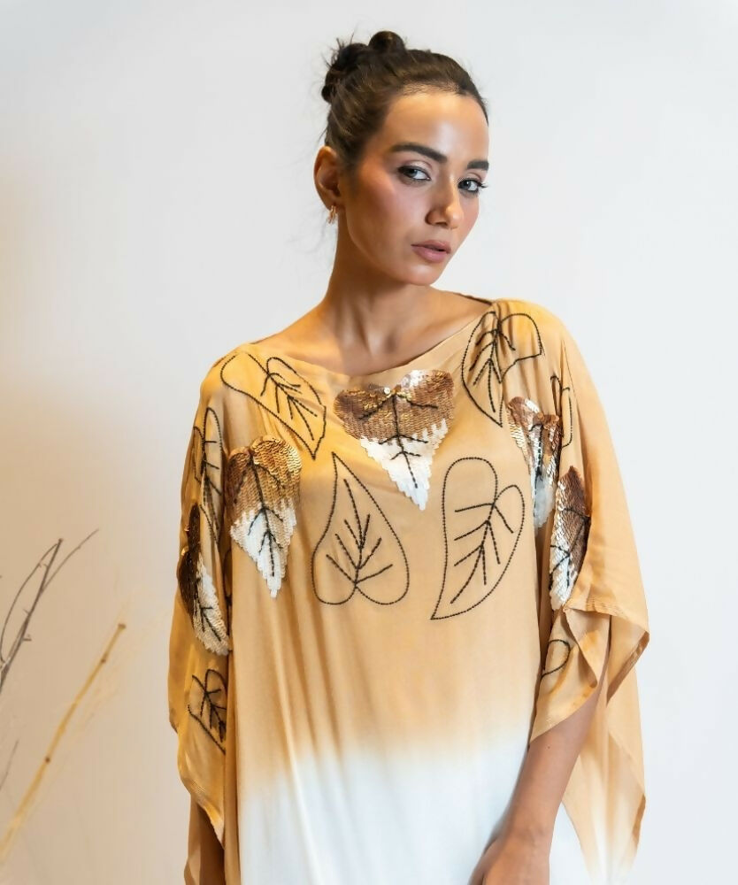 Timaraa Camel Beige To Ivory Ombre Embellished Kaftan Dress | Grocsy