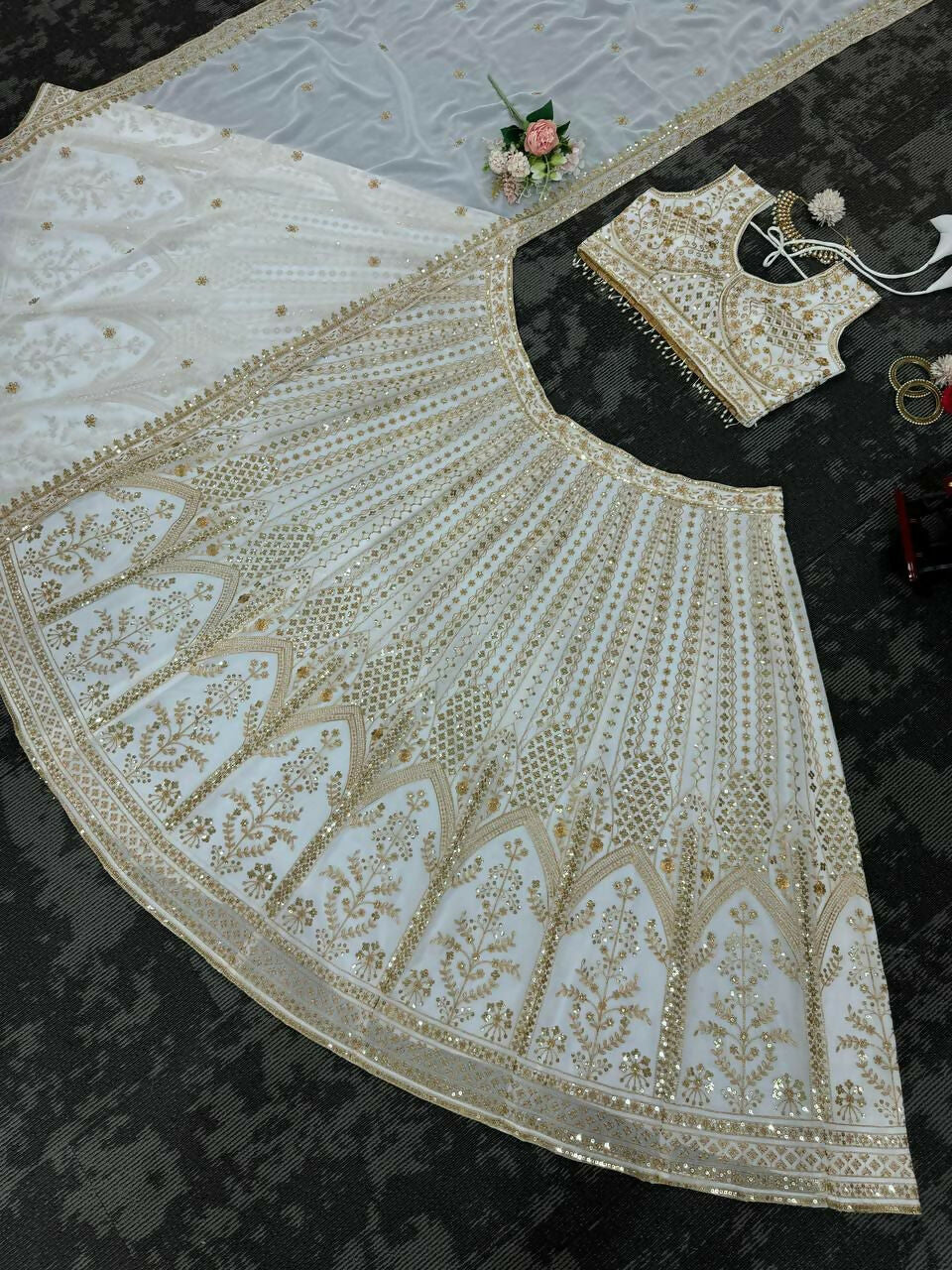 Jyoti Fashion Women's White Faux Georgette Sequins with Thread Embroidered Designer Lehenga Choli Set | Grocsy