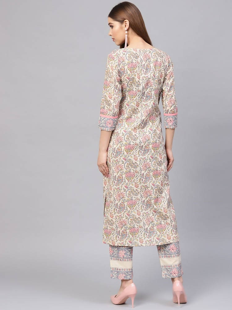 Yufta Women Beige & Grey Printed Kurta with Trouser | Grocsy