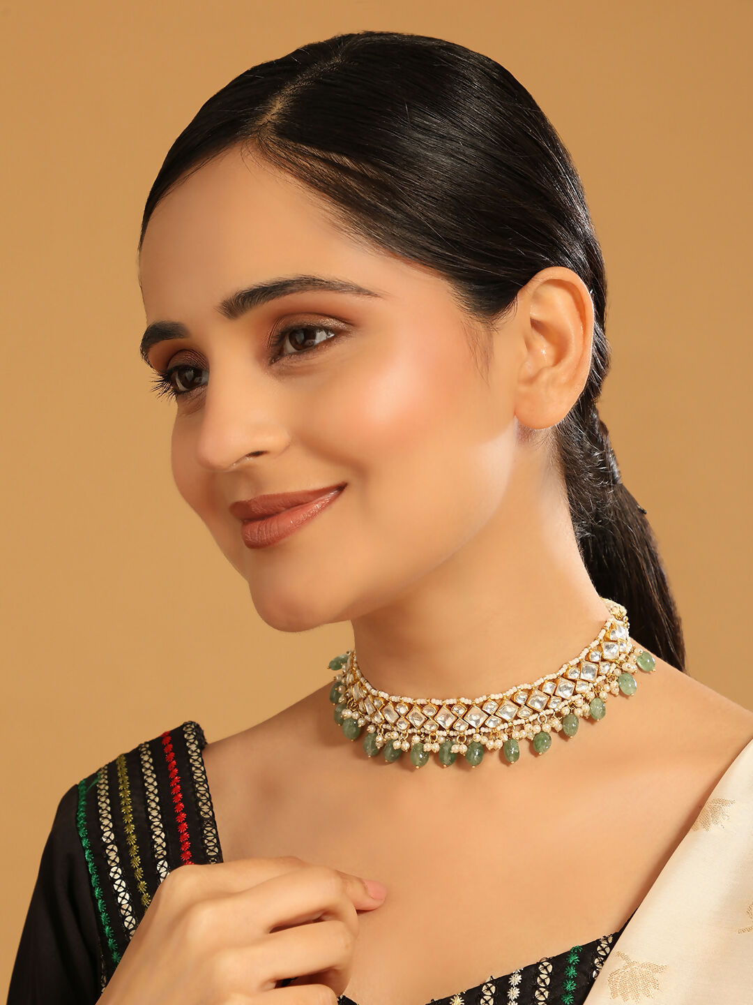 Nuyug 22K Gold Plated Royal Kundan Necklace with Green Stones | Grocsy