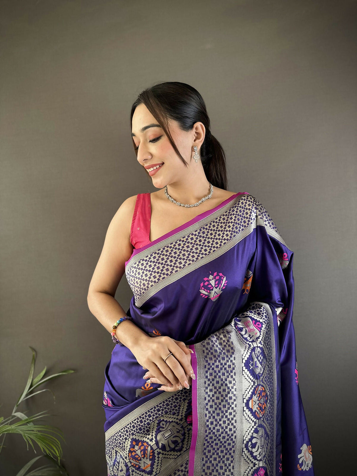 Joban Fashion Royal Blue Elephant & Floral Motifs Soft Lichi Silk Banarasi Saree | Grocsy