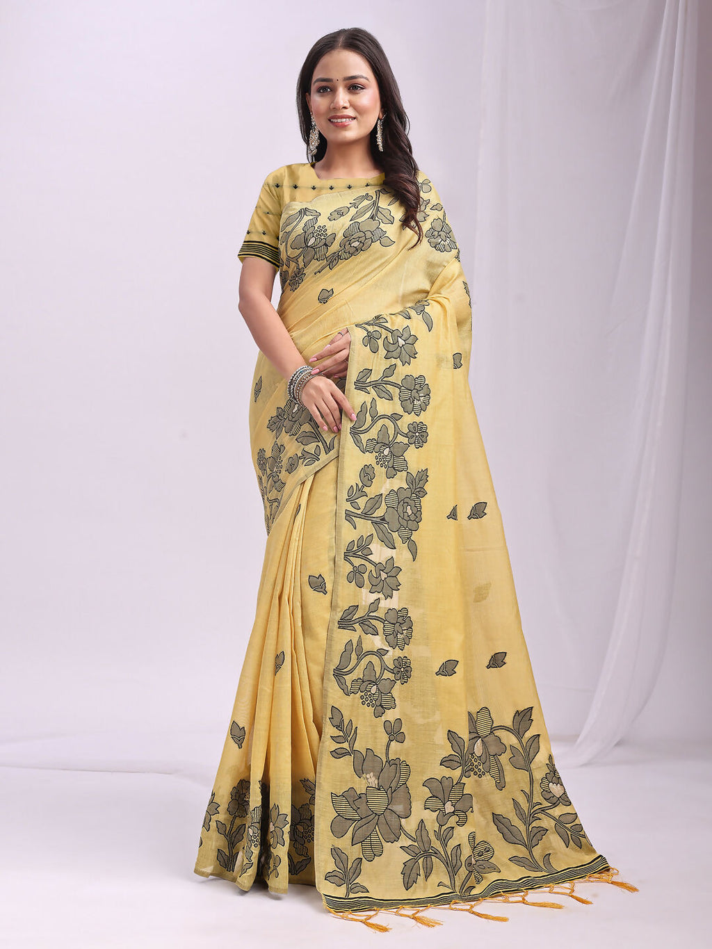 Shree Shyam Fashion Kashira Yellow Linen Cotton Saree | Grocsy