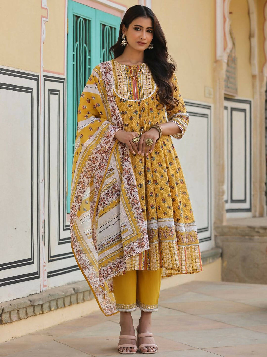 Juniper Women's Mustard Cotton Voile Floral Printed Kurta With Cambric Straight Pant And Voile Duptta | Grocsy