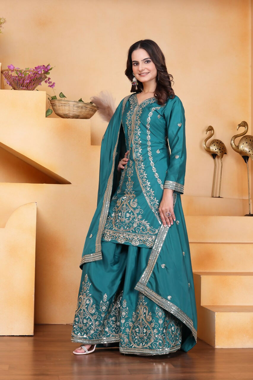 Joban Fashion Teal Crepe Embroidered Sharara Set | Grocsy