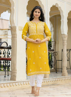 Kaajh Women's Mustard Chikhankari Embroidered Kurta Pant Set | Grocsy