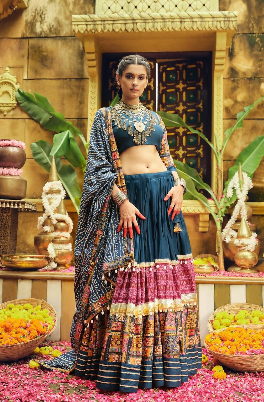 Teeya Creation Teal Colour Rayon Silk Digital Print Fully Stitched Navratri Lehenga | Grocsy