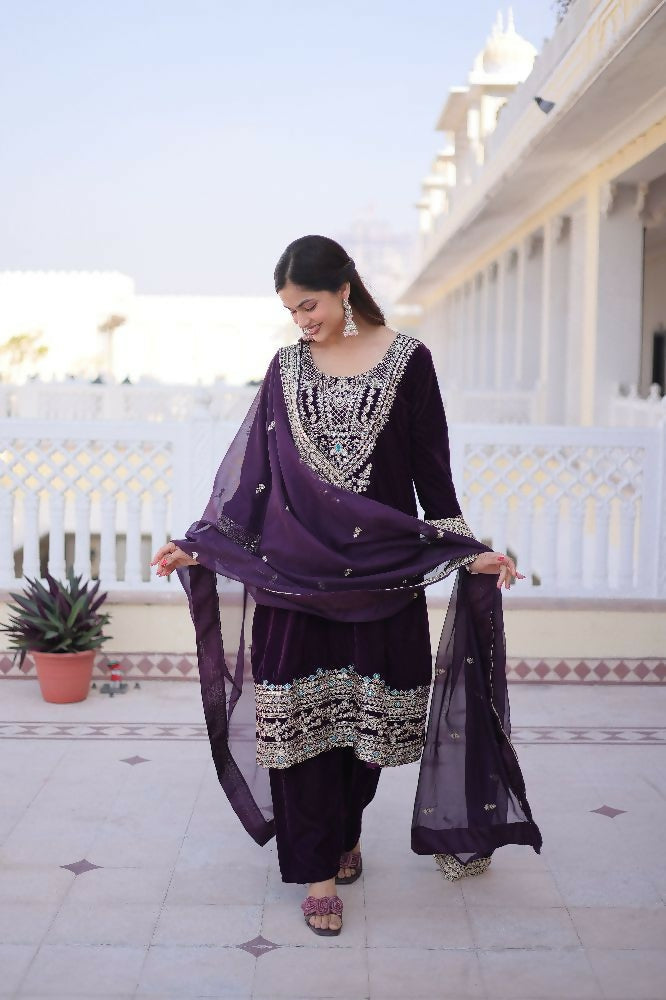 Joban Fashion Wine Kurta Set Velvet Sequins , Zari, Coding & Thread Embroidered work | Grocsy