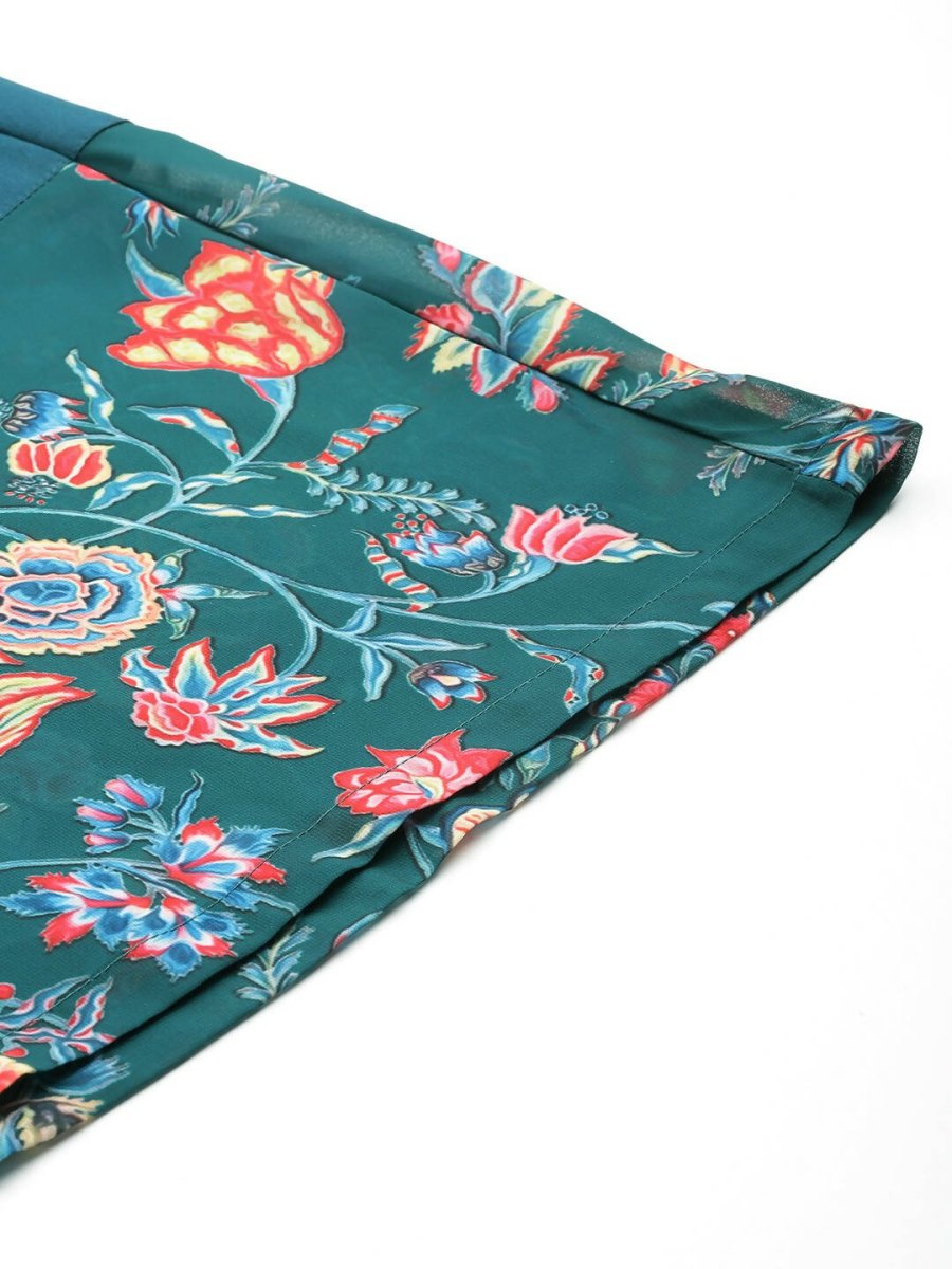 Ahalyaa Women Floral Printed Angrakha Kurta with Palazzos - Green Color | Grocsy