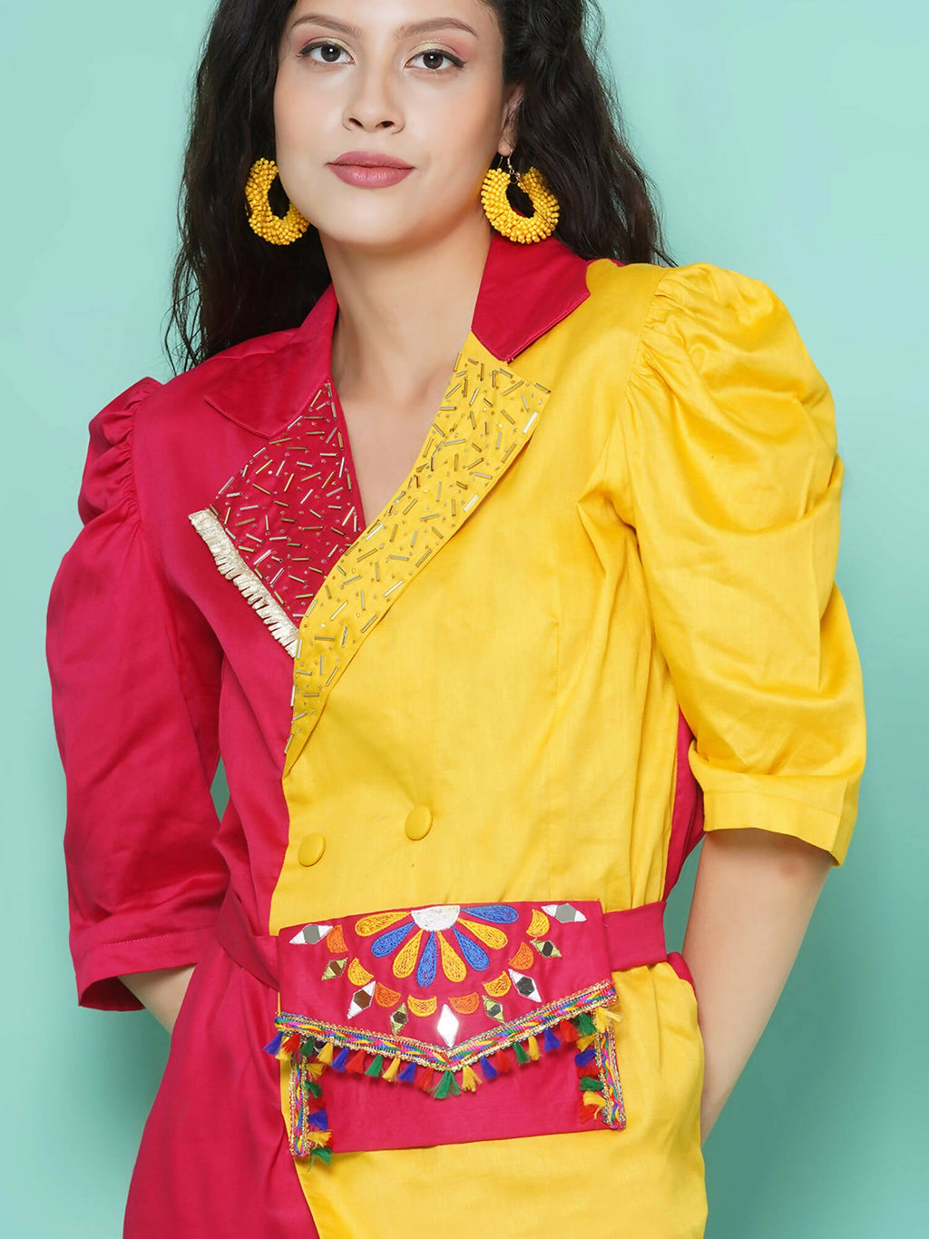 Women Republic Pink And Yellow Cotton Silk hand Embellished Coord set with Pouch | Grocsy