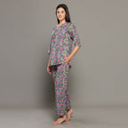 Breathables Women Cotton Printed Loungewear Kurta And Pants Co-Ord Set Grey I Night Wear | Floral Print | Grocsy