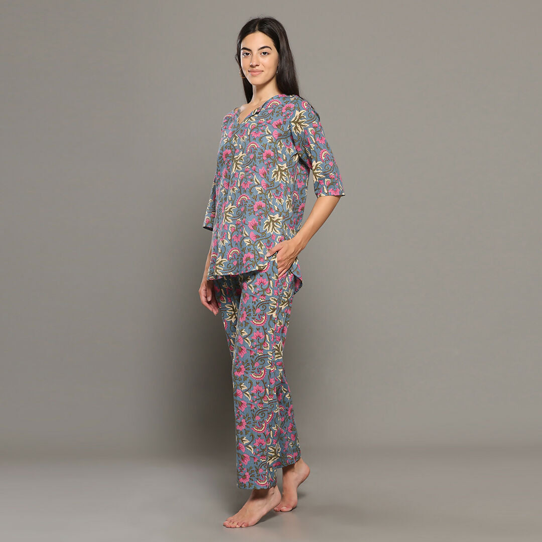 Breathables Women Cotton Printed Loungewear Kurta And Pants Co-Ord Set Grey I Night Wear | Floral Print | Grocsy