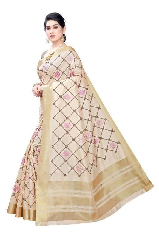 Vamika Weaving Cream Cotton Polyester Silk Saree (KERALA CHECKS) | Grocsy