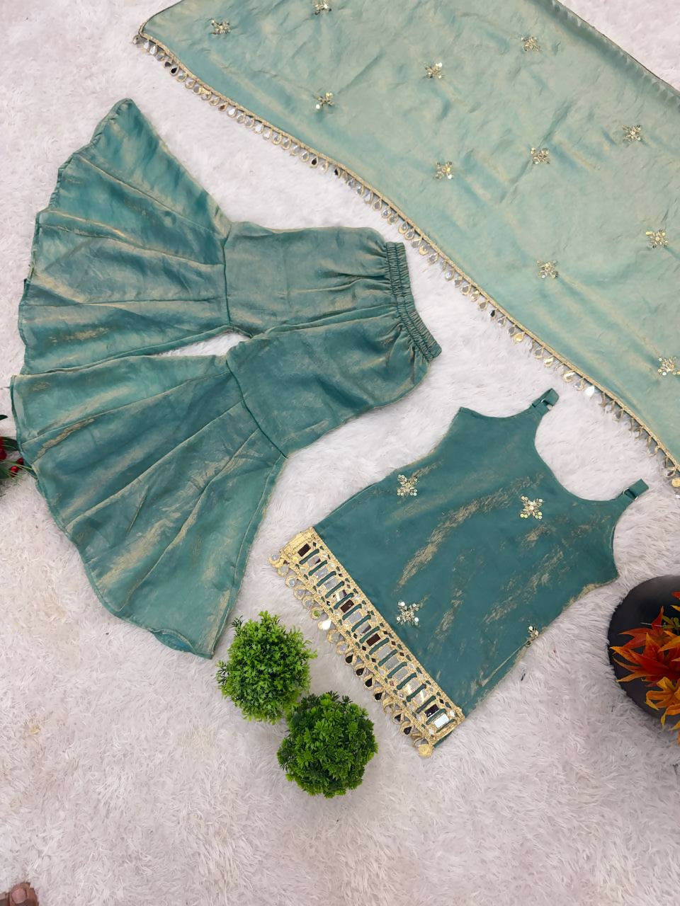 Teeya Creation New Trendy Kids Wedding Wear Kurta Suit - Blue Palazzo Set | Grocsy