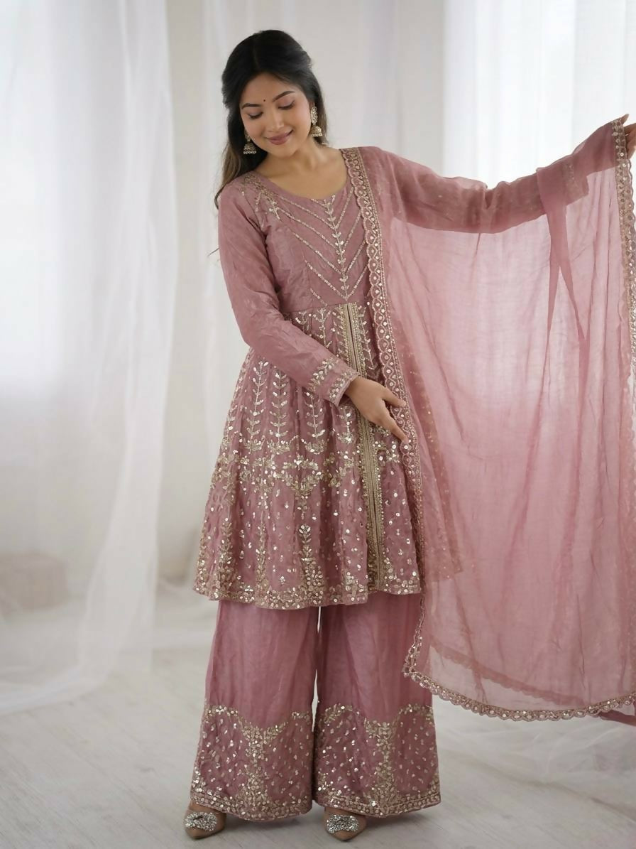 Teeya Creation New Womens Trendy Embroidery Sequence Work Pink Kurta Set | Grocsy