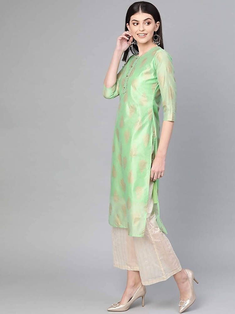 Yufta Women Green & Off-White Printed Kurta with Palazzo | Grocsy