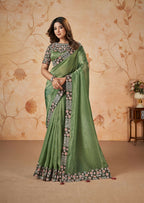 Green Banarasi Crush Silk Thread, Sequence, Cord Embroidered with Stone & Mirror Work Saree - Mohmanthan Dakshika | Grocsy