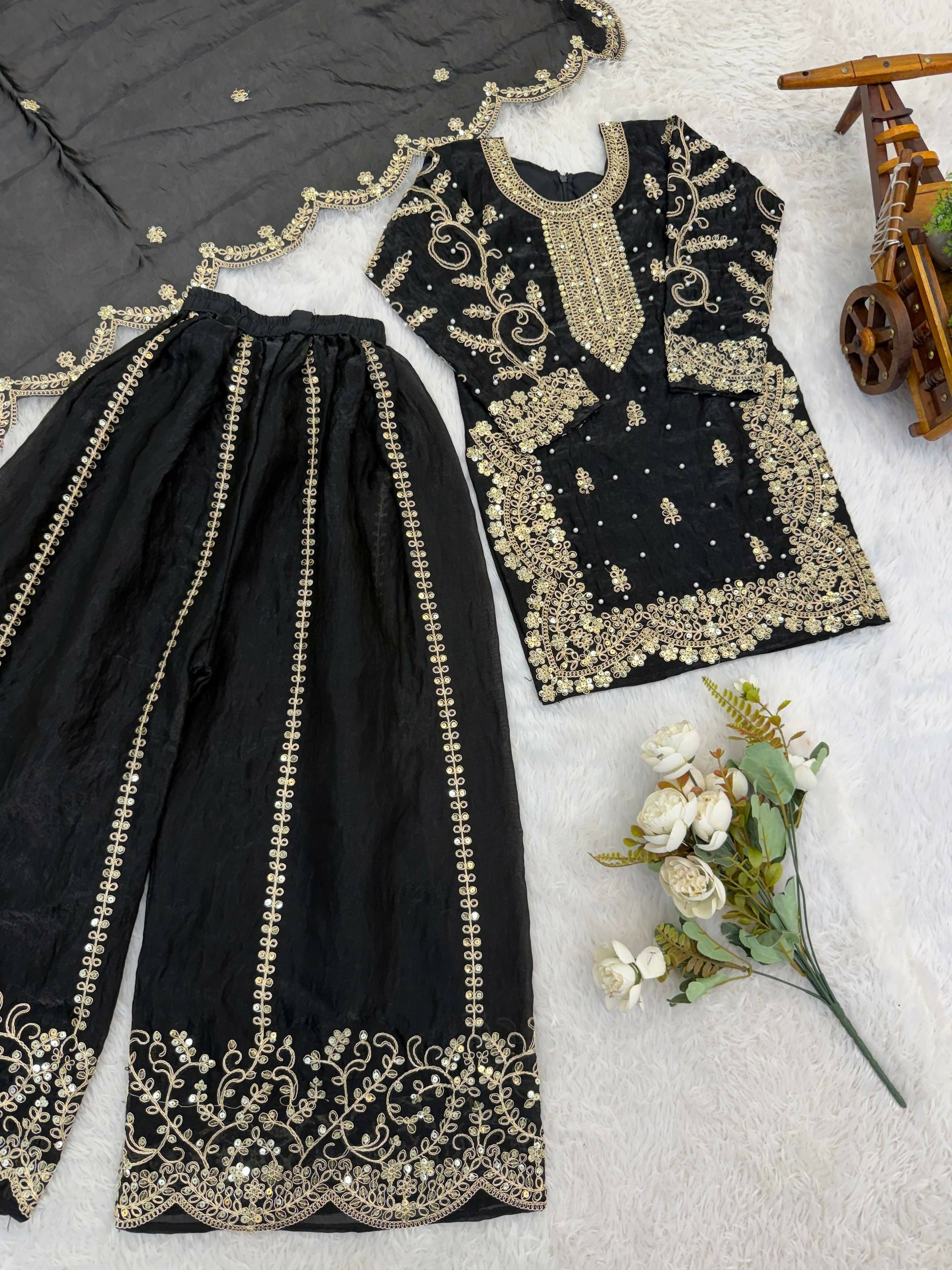 Teeya Creation New Trendy Fully Stitched Ready to Wear Kids Kurta Palazzo Set-Black | Grocsy