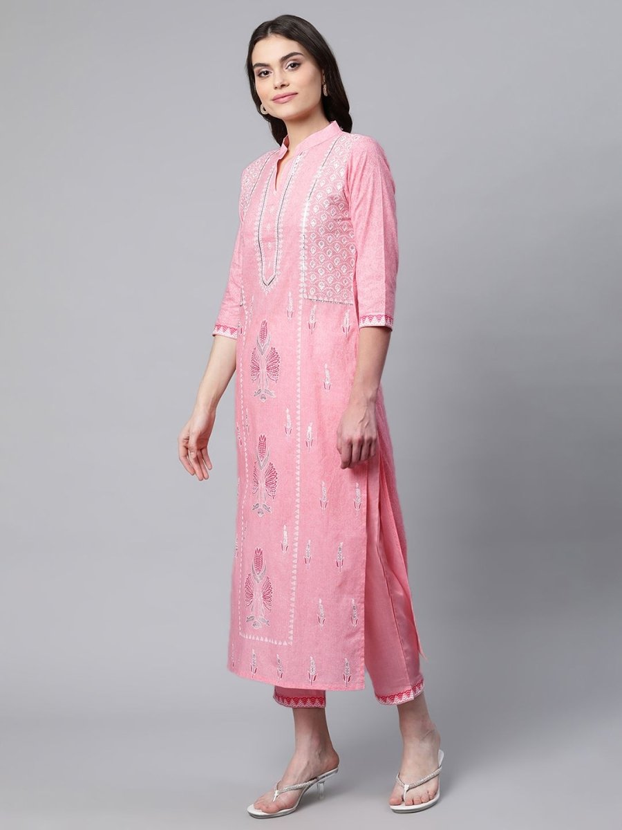 Ahalyaa Women Light Pink Colour Pure Cotton Printed Kurta Pant Set With Dupatta | Grocsy