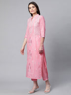 Ahalyaa Women Light Pink Colour Pure Cotton Printed Kurta Pant Set With Dupatta | Grocsy
