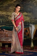 Vastranavya Maroon Silk Madhubani & Bandhej Fusion Print Saree with Unstitched Blouse | Grocsy