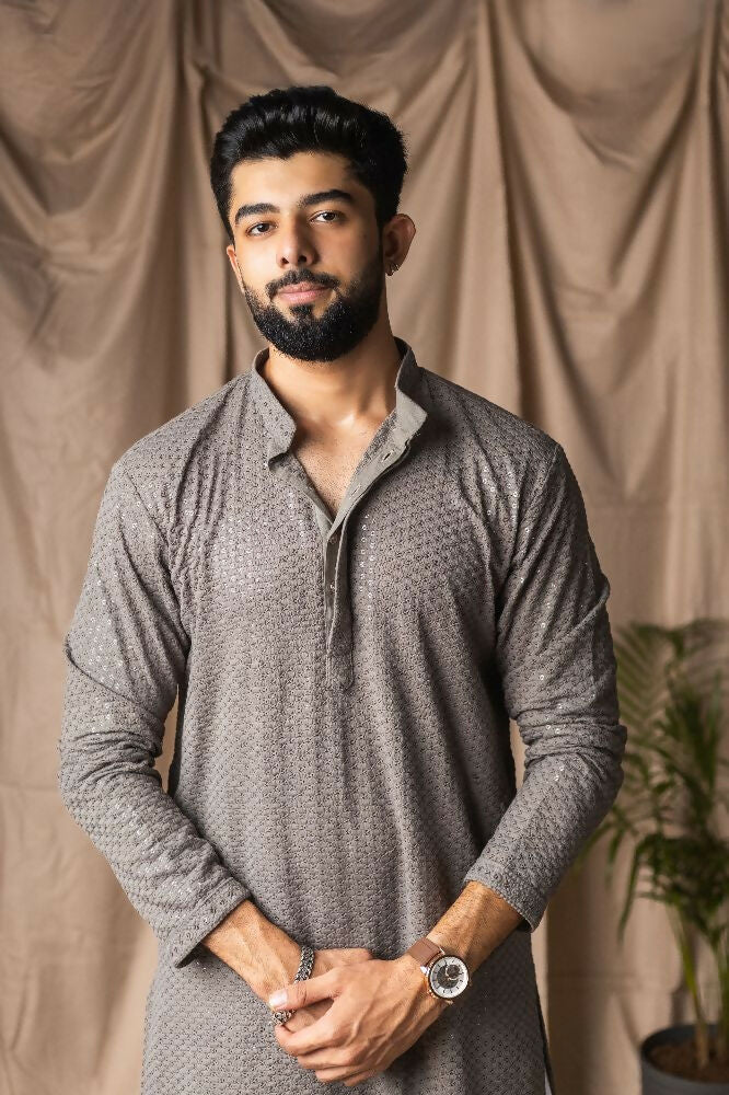 Grey Rayon Thread Embroidery Work Kurta Set - Mahotsav | Grocsy