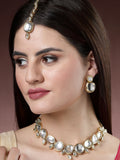 NVR Women's Gold Kundan-Studded Necklace and Earrings with Mang Tikka | Grocsy