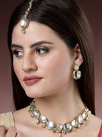 NVR Women's Gold Kundan-Studded Necklace and Earrings with Mang Tikka | Grocsy