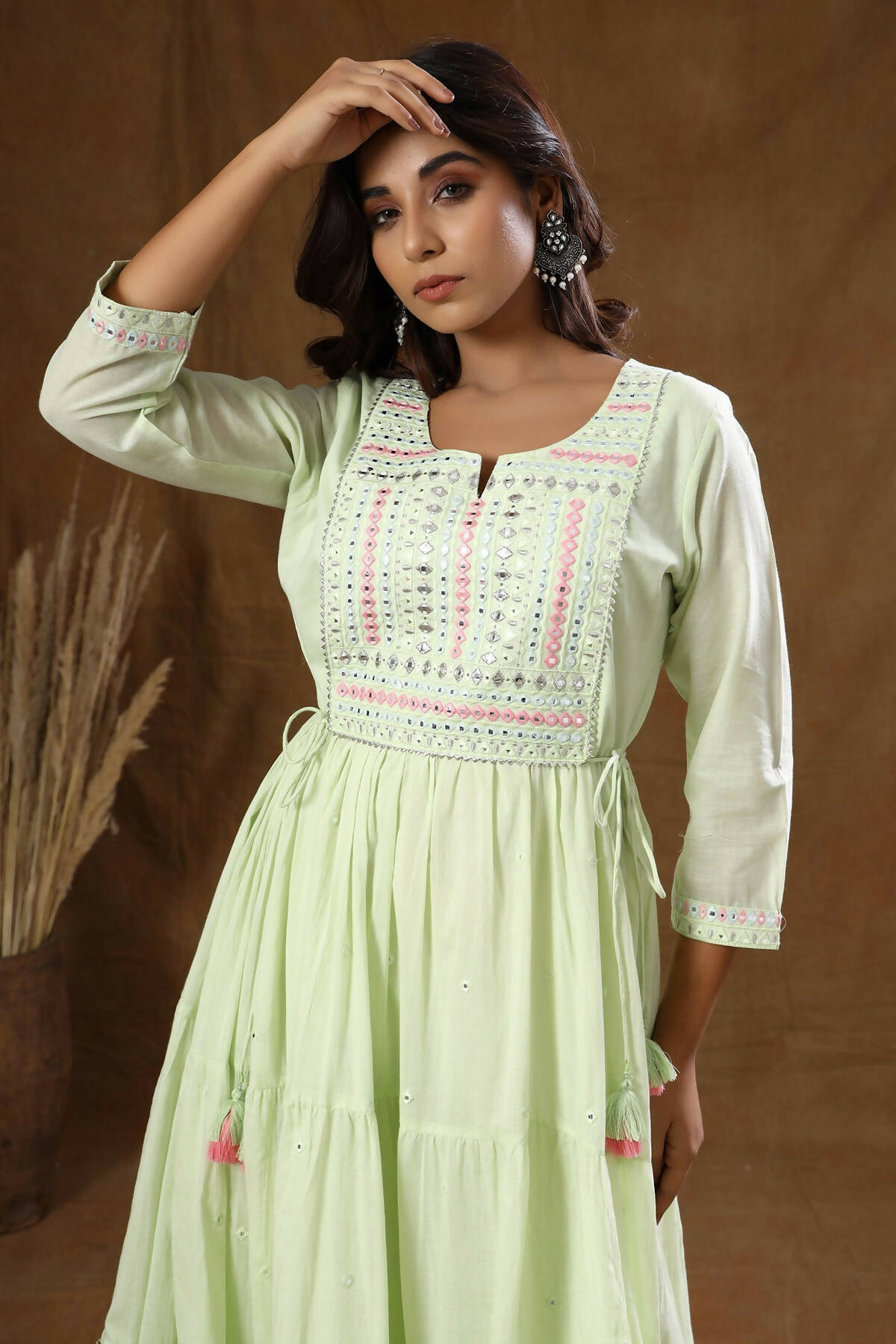 Kaajh Women's Green Mirror Embellishment Anarkali Kurta | Grocsy