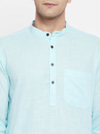 Even Apparels Pure Cotton Blue Color Men's Kurta With Band Collar | Grocsy