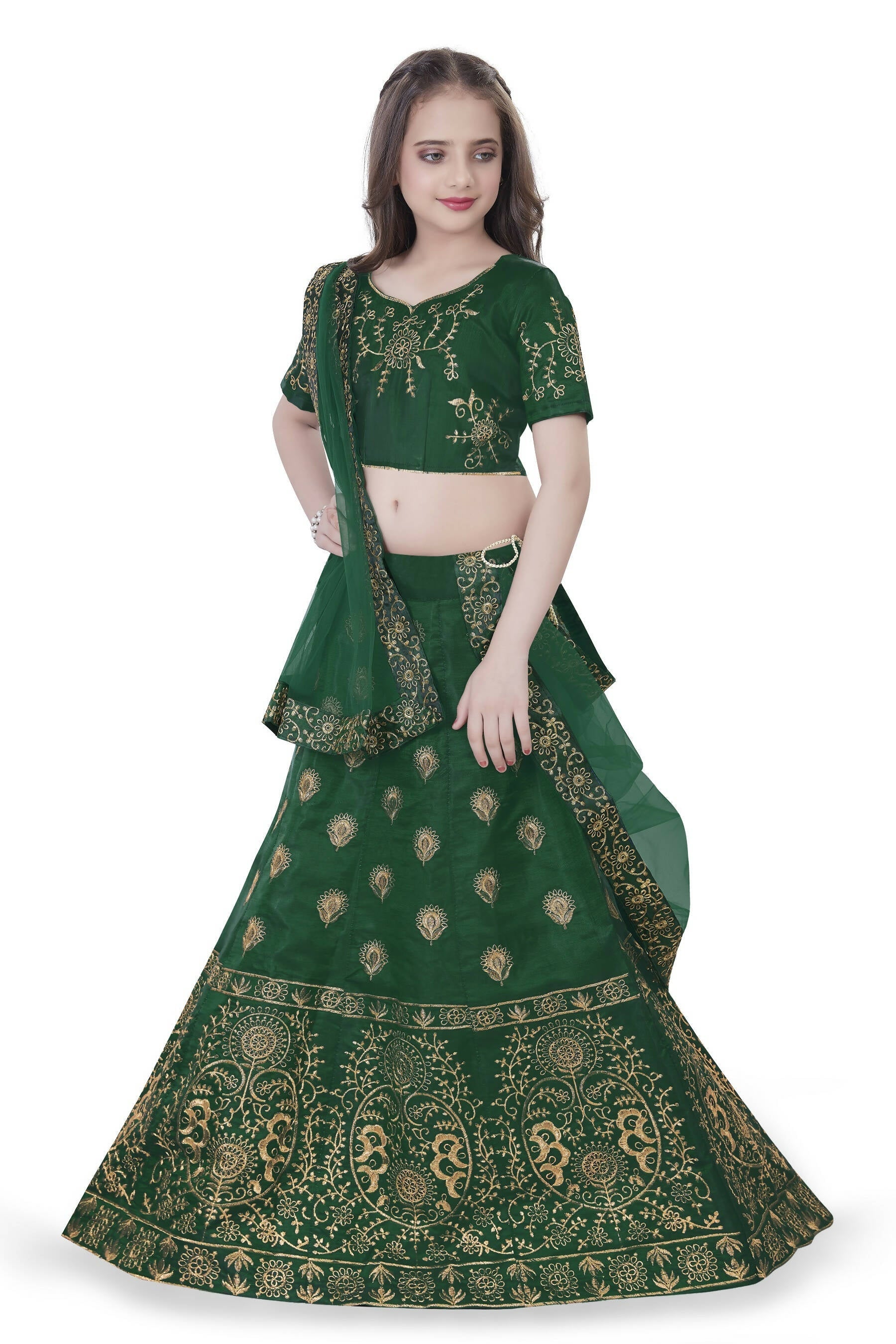 Dwiden Green Gulab Tafetta Sattin Semi-Stitched Girl'S Lehenga Choli | Grocsy