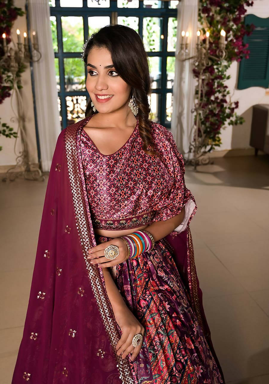 Women's Wedding Traditional Mulberry Dull Satin Lehenga Choli - Kaushlya | Grocsy