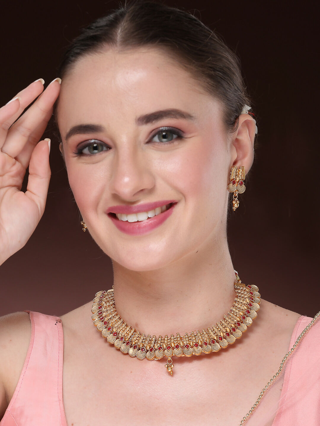 NVR Women Gold-Polished Pink Stone Studded Handcrafted Temple Jewellery Set | Grocsy