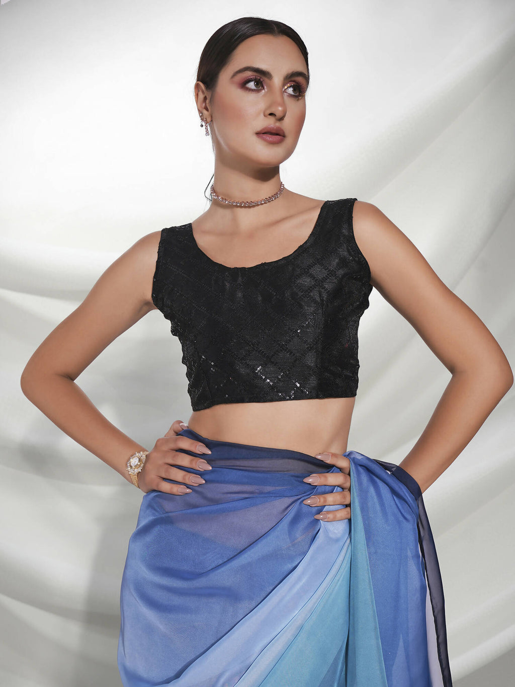 Blue Organza Solid Saree With Unstitched Blouse Piece - Shanaya | Grocsy