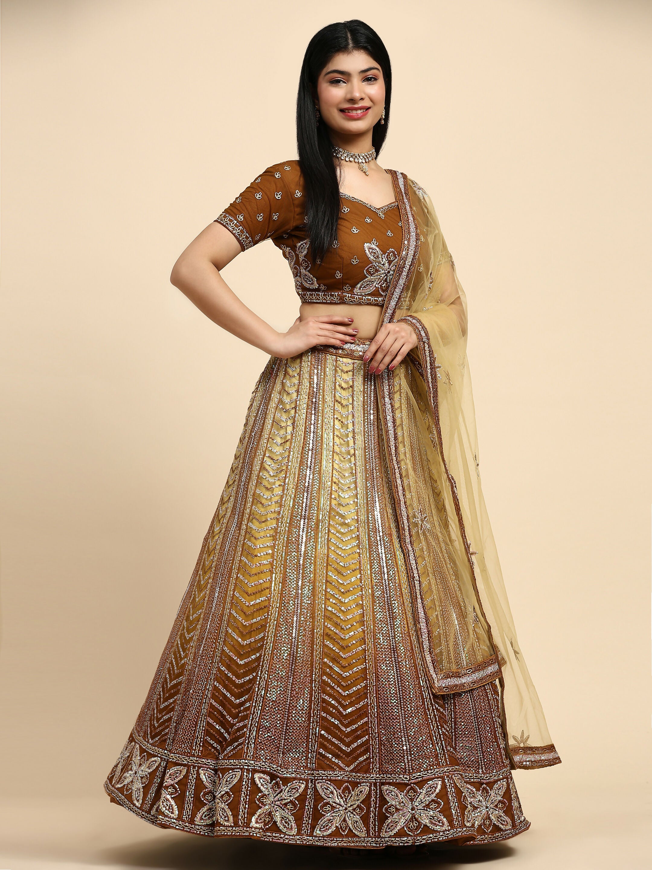 Brown Fancy Net Sequence Embroidered Lehenga Choli with Dupatta - Dhara | Grocsy