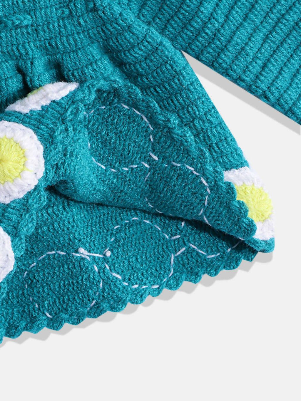 Chutput Kids Woollen Hand Knitted Full Sleeves Daisy Detail Dress For Baby Girls - Sea Green | Grocsy