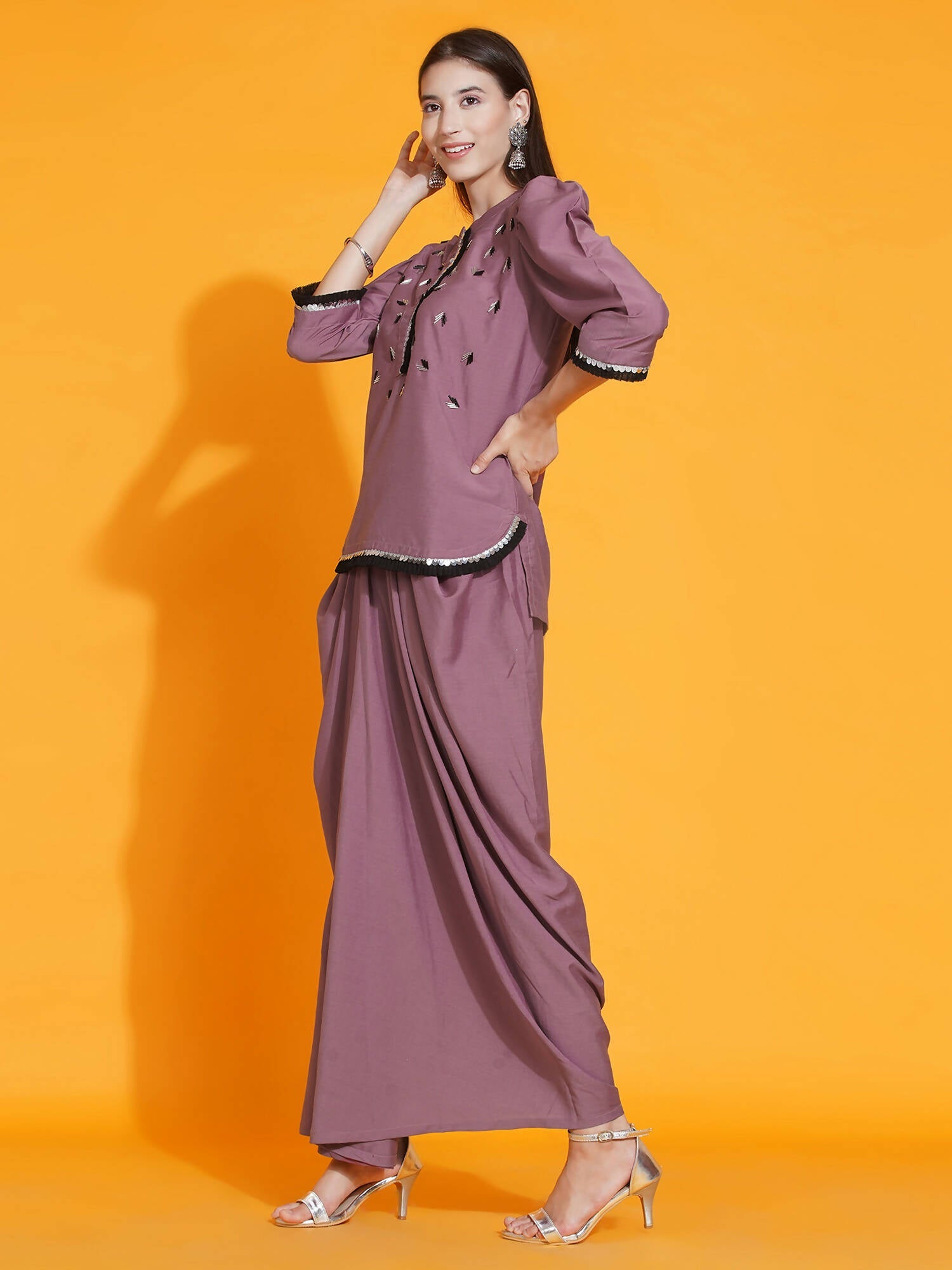 Women Republic Mauve Hand Embellished Kurta With Dhoti | Grocsy