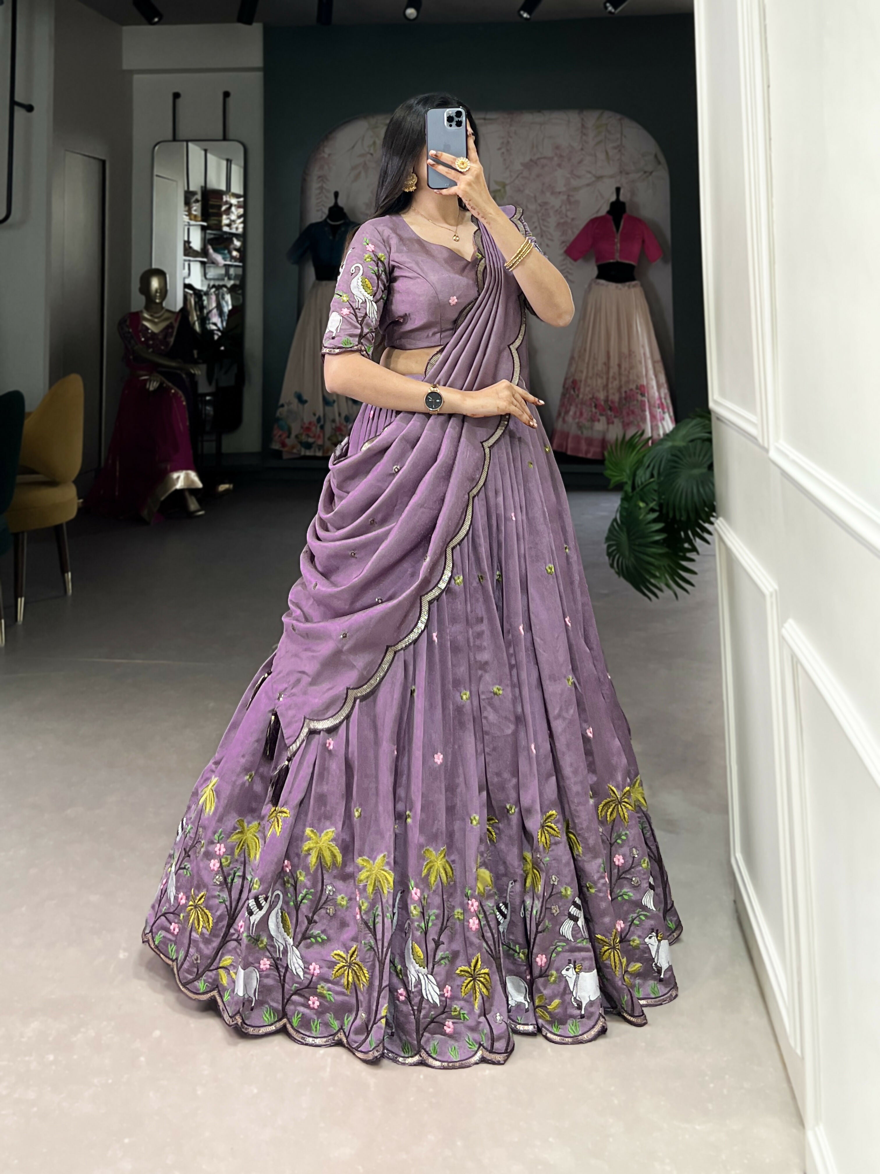 Lorenvalley Lavender Vichitra Simmer Sequins and Thread Embroidery Work Lehenga Choli | Grocsy