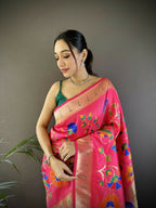 Joban Fashion Reddish Pink Zari Woven Floral Motifs Soft Silk Paithani Silk Saree | Grocsy